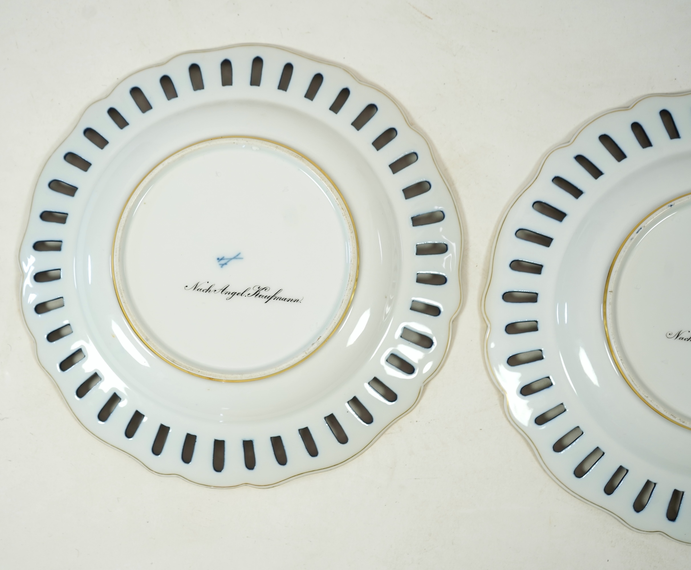 A pair of 19th century Meissen 'Three Graces' cabinet plates, after Angelica Kaufmann, 24cm in diameter. Condition - good